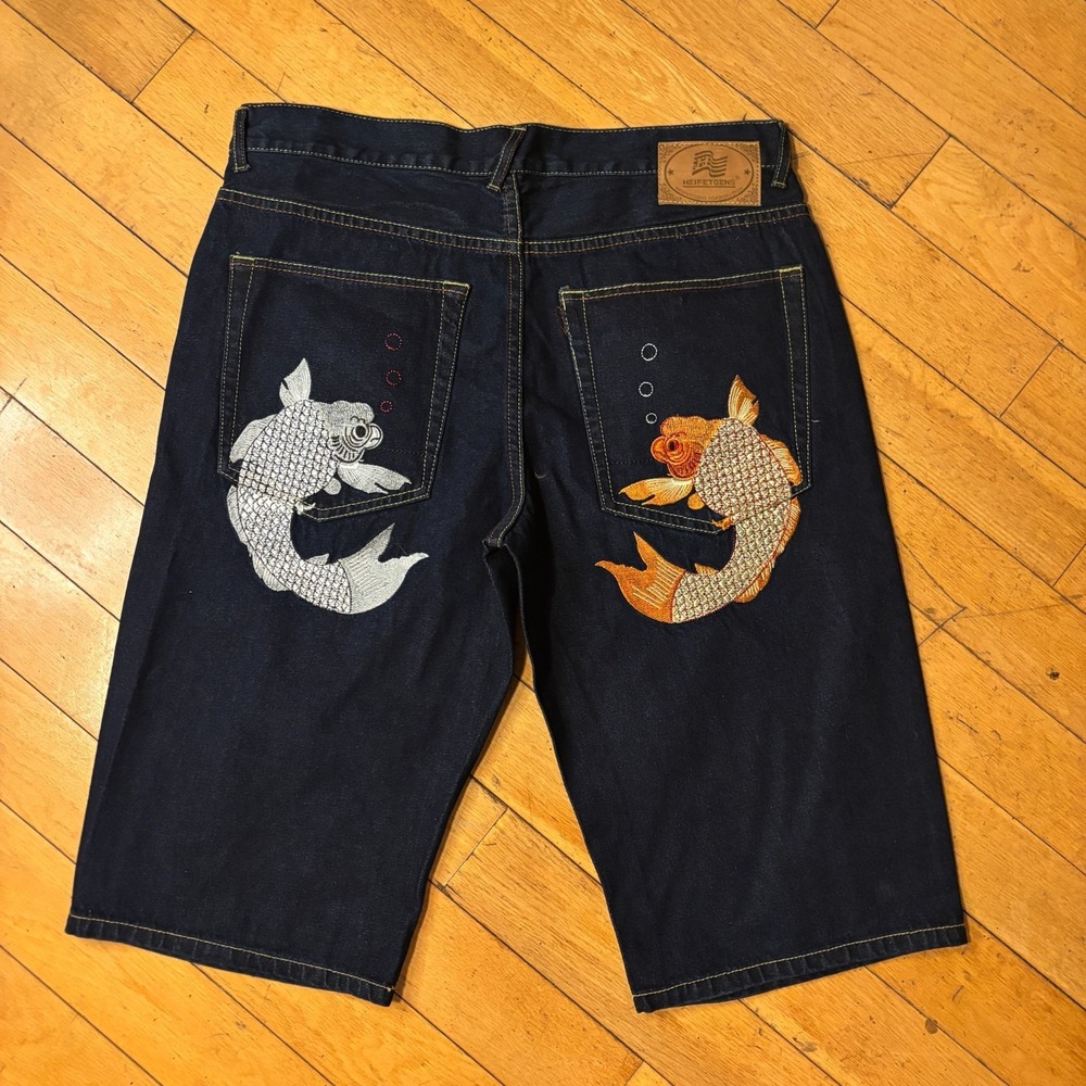 Heifetgens Y2K Evisu Baggy Denim Shorts Men 36 Koi Fish Embroidered Raw Jorts